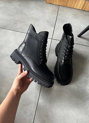 Ботинки женские черные из натуральной кожи осенние весенние зимние теплые