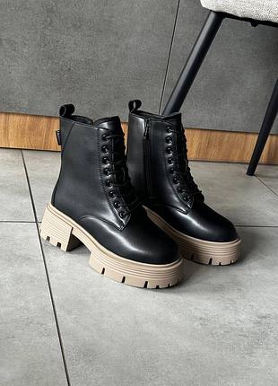 Ботинки женские черные из натуральной кожи осенние весенние зимние теплые