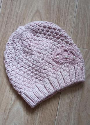 Вязаная демисезонная шапка на девочку, one size, 1-4 года, с жемчужинами, 11100