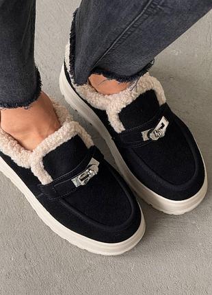 Накладной платеж ❤ полностью натуральные зимние кожаные замшевые лоферы утеплены натуральным мехом