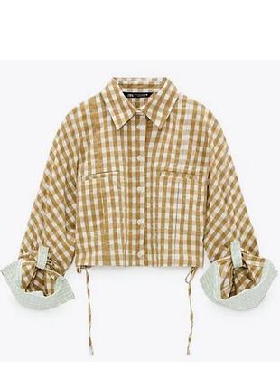 Трендовая оверсайз рубашка zara s-m сорочка в клетку укороченная блуза блузка топ топик кроп-топ