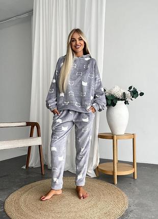 Женская пижама в трех цветах кофта с капюшоном + штаны ткань двусторонней флис