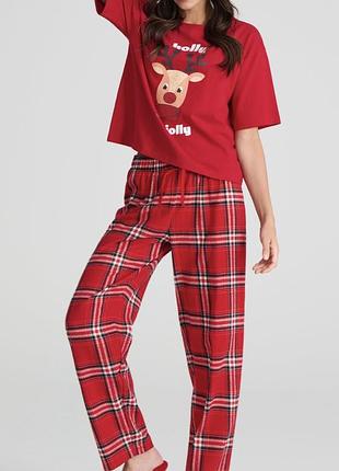 Різдвяна жіноча піжама з оленями розмір m, зимова піжама в карту, новорічний піжамний комплект