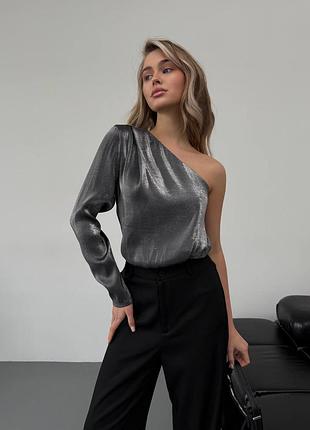 Срібний жіночий боді-блуза асиметричний з одним рукавом 0281 вечірній святковий