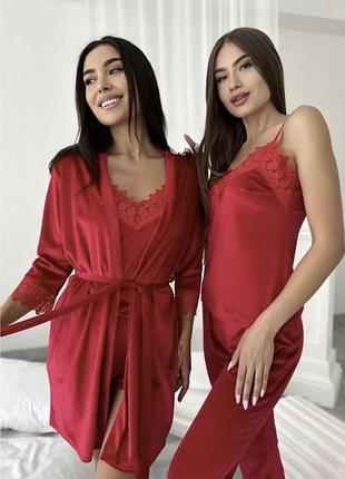 Піжама комплект велюровий жіночий четвірка: халат, майка, шорти, штани