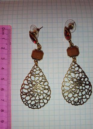 Серьги подвески женские нарядные коричневые капли ажурные винтажные