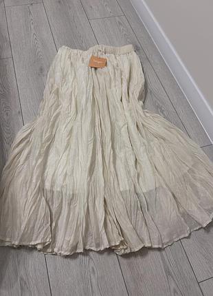 Шикарна спідниця беж нова жатка міді котон італія універсальний розмір