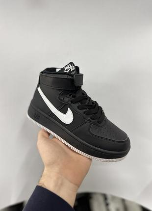 Кроссівки зимові nike air force чорні на овчині, дитячі кроси зима, черевики найк