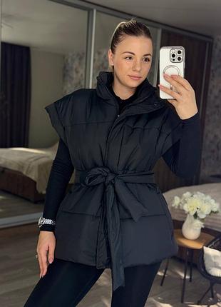 Стильна жилетка з плащівки 💥 тепла, з кишенями, чорний, р.46-48, мод.207