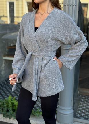 Сірий короткий кардиган альпака на запах під пояс оверсайз 1663