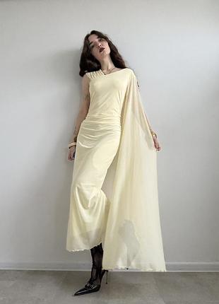 Жовта сітчаста довга вечірня сукня