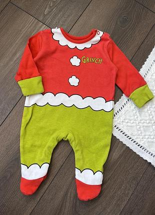 Новорічний різдвяний чоловічок сліп грінч для новонароджених 50 56 см унісекс