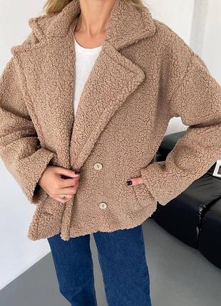 Куртка тедди 🤎 мягкий эко мех, теплый и стильный, молочный, р.42-46, 48-52, арт.1689