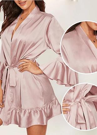 Атласный халат для дома, женский пеньюар на поясе, халат на запах