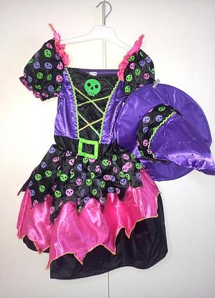 Карнавальное платье костюм платья на хелловин halloween хеллоуин хеллоуин скелет ведьма ведьмочка санта муэрта черепа и шляпа для девочки 9-10 лет