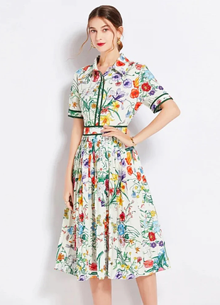 Платье миди цветочный принт, подол плиссе