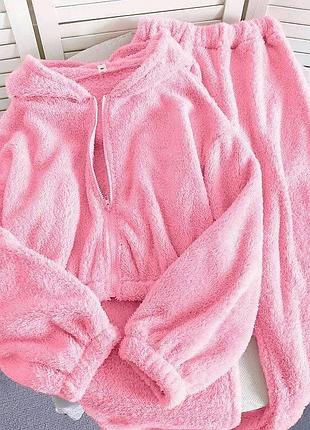 Жіноча повсякденна домашня піжама тепла двійка штани широкі та кофта на змійці з капюшоном тканина турецька дорога двостороння махра