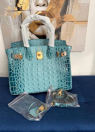 Брендова шкіряна сумка h. birkin 30 натуральна шкіра лак під рептилію натуральна шкiра преміум люкс блакитна