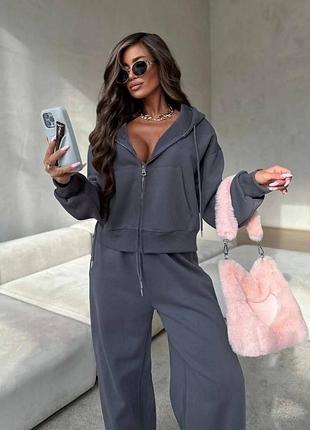 Стильний жіночий спортивний костюм оверсайз укорочений зіп худі на блискавці з капюшоном та штани палаццо вільного крою на резинці зі шнурком