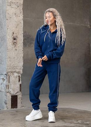 Костюм спортивный женский двойка кофта и штаны флис синий s m l xl