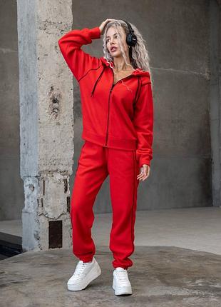 Костюм спортивный женский двойка кофта и штаны флис красный s m l xl