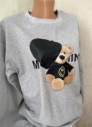 🩷 дуже стильний жіночий бавовняний светр світшот з ведмедиком в сірому (меланж ) кольорі
