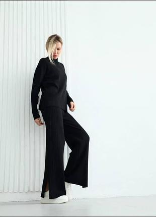 🌈3! шикарный теплый костюм ангора ангоровый рубчик черный женский брючный гольф брюки