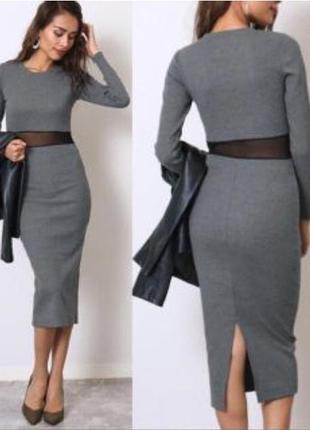 Красивое, коттоновое, в рубчик, серое платье, демисизон, приталенное, с длинными рукавами, с вставкой в талии