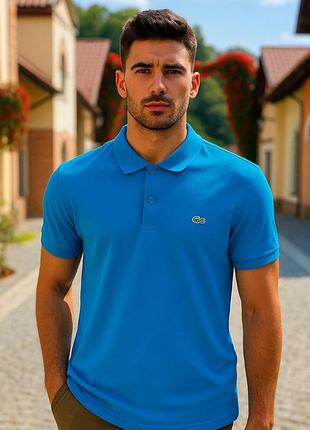 Красивое мужское хлопковое поло синего цвета  lacoste made in france, молниеносная отправка
