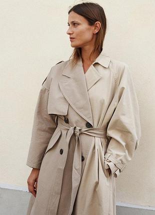 Бежевый тренч миди хлопок оверсайз свободный крой бозовый классический тренч zara плащ куртка