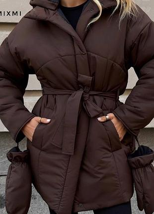 Жіноча куртка + рукавиці коричневий та чорний колір