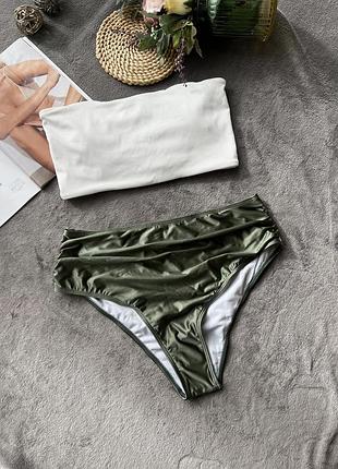 Новий збірний купальник в рубчик з чашками на шнурівці топ низ перламутровий