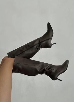 Чоботи шкіряні з вузьким носком на стійкому каблуку жіночі осінь весна демі з флісом коричневі шоколадні