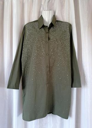 Хлопковое платье туника туречки цвета хаки рукав укороченное платье спереди все посыпанная стразами размер м подойдет на s-m плече от шва до шва 40 см