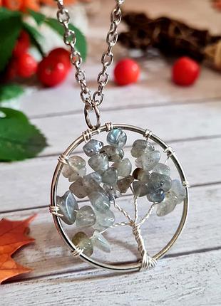 🔺🌳🩶 кулон оберег на цепочке "дерево" натуральный камень лабрадорит