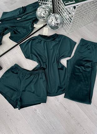 Плюшевая пижама тройка футболка, брюки, шорты. комплект для дома плюш велюр, удобный домашний костюм