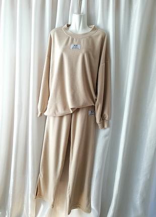 Стильный костюм оверсайз вельвет длинные широкие брюки палаццо с разрезами по бокам и кофта свободного кроя этикеток составом ткани нет размер также не в