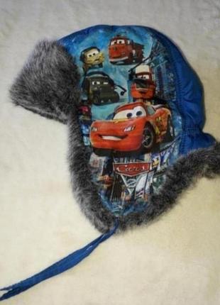 Зимняя шапка ушанка тачки на синтепоне с мехом для мальчика 4-7р