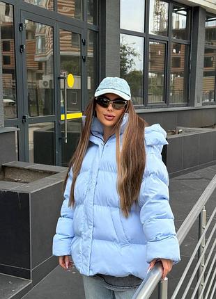 Зимний объемный матовый пуховик с капюшоном на аэропухую голубой, женский пуховик на зиму, пуфер оверсайз зима, м510