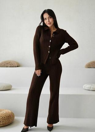 Накладной платеж ❤ 30% шерсть шоколадный вязаный костюм кардиган на пуговицах с воротничком поло и штаны палаццо фактурный
