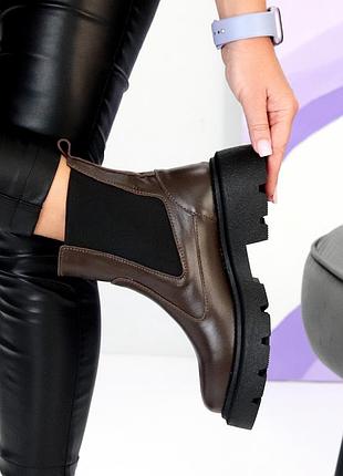 Удобные кожаные шоколадные зимние ботинки челси с эластичной вставкой