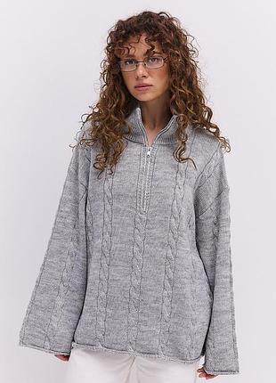 Св-серая вязаная кофта с воротником на молнии