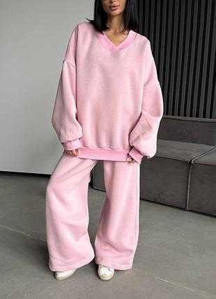 Спортивный костюм оверсайз на флисе с объемным худи с манжетами с широкими брюками с карманами