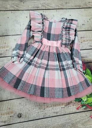 Праздничное платье для девочки ткань в клетку фатин розовый бант