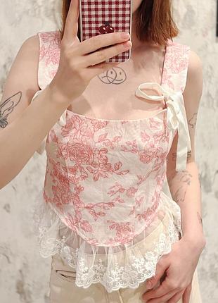 Корсет - топ жіночій білий, з рожевими візерунками і мереживом в ретро стилі, розмір м