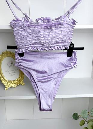 Купальник раздельный жатка бюст бандо лиф плавки высокая посадка сиреневый атлас h&m