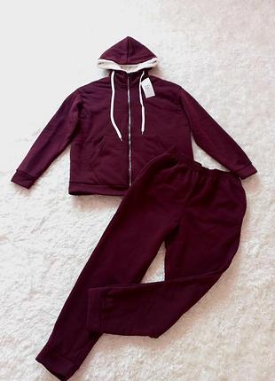 Теплый костюм зимний кофта на молнии брюки джоггеры бордовый