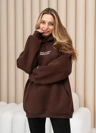 Удлиненный худи оверсайз с начесом с капюшоном с надписью с переда и на рукаве с карманом кенгуру