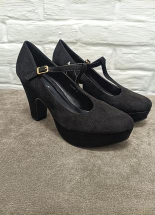 ✨женские туфли на каблуке, мэри джейн, черные, замш, удобная платформа, размер 39-40 ✨