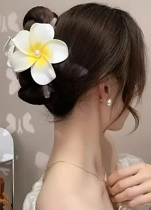 Заколка крабик для волос гавайский цветок) синяя с белым